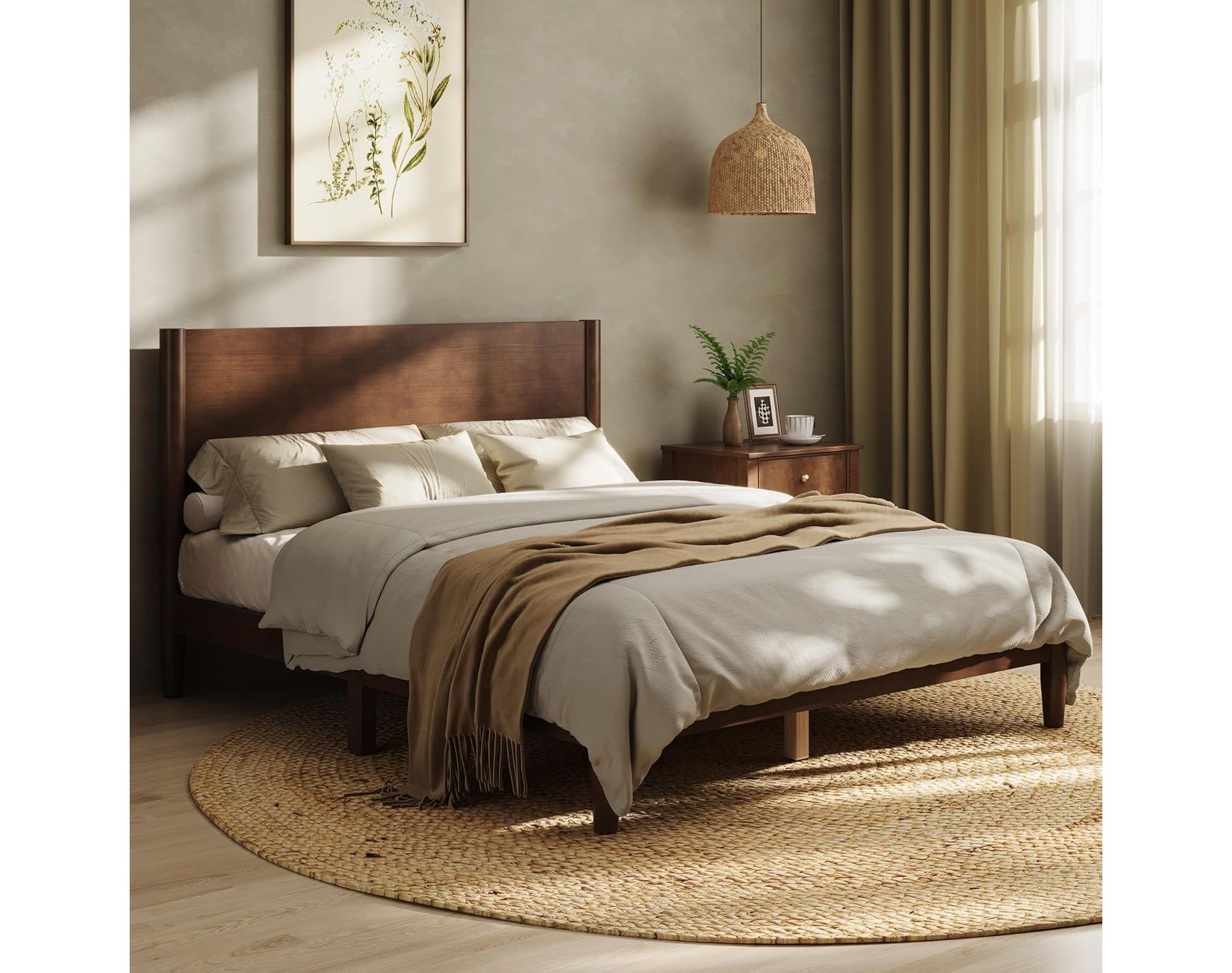 AMERLIFE Queen Solid Wood Platform Bed Frame with 38" Headboard, Wooden Slats, Dark Walnut
