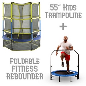 55" Mini Kids Trampoline + Round Foldable Fitness Rebounder with Handrail & Blue Safety Pad - Family Set for Children & Adults - 1 of 4