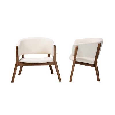 Cream Boucle and Walnut Wood Mid-Century Accent Chair