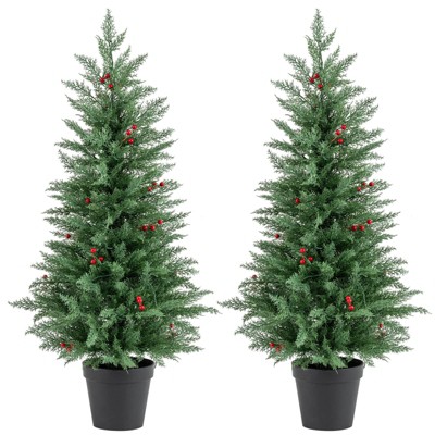 Costway 2 Packs 4 FT Pre-Lit Christmas Trees with Warm White LED Lights, Timer, Red Berries