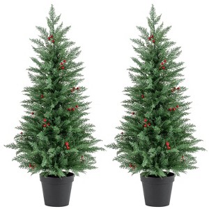 Costway 2 Packs 4 FT Pre-Lit Christmas Trees with Warm White LED Lights, Timer, Red Berries - 1 of 1