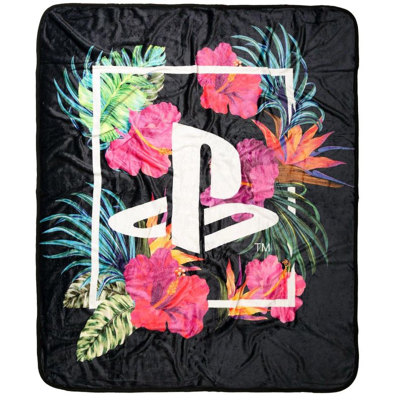 Sony Playstation Logo Floral Tropical Plush Throw Soft Fleece Blanket 48" x 60" Multicoloured, 1 of 4