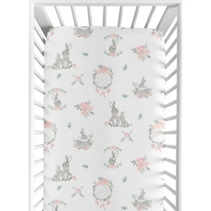 Sweet Jojo Designs Girl Baby Fitted Crib Sheet Bunny Floral Pink Grey and White - 1 of 4