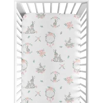 Sweet Jojo Designs Girl Baby Fitted Crib Sheet Bunny Floral Pink Grey and White