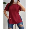 Women's Plus Size Tops Crew Neck Short Sleeve Split Hem Tee Shirt Casual Summer Ribbed Knit Blouses - 2 of 4