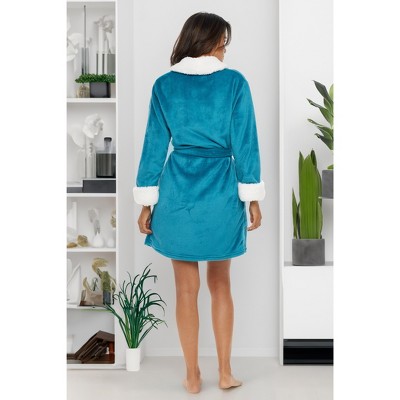 Medium Turquoise Fleece Plush Bathrobe with Faux Fur Trim