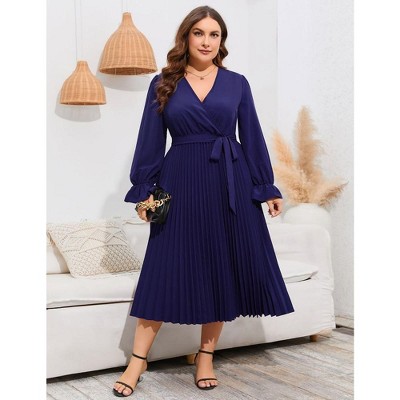 Women Plus Size Dress V Neck Ruffle Long Sleeve Long Dress Casual Summer Pleate Dress with Waistband