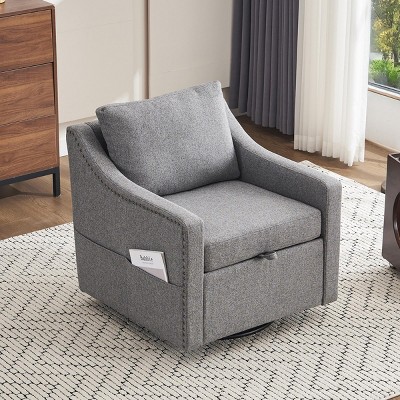 Accent Sofa Chair With Storage Function,360°Swivel Upholstered  Armchair With Pocket,Beige Linen Fabric Swivel Sofa,Single Sofa Chair-Maison Boucle