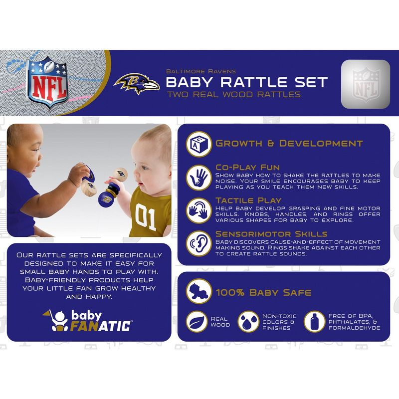 Baby Fanatic Wood Rattle 2 Pack - NFL Baltimore Ravens Baby Toy Set, 3 of 5