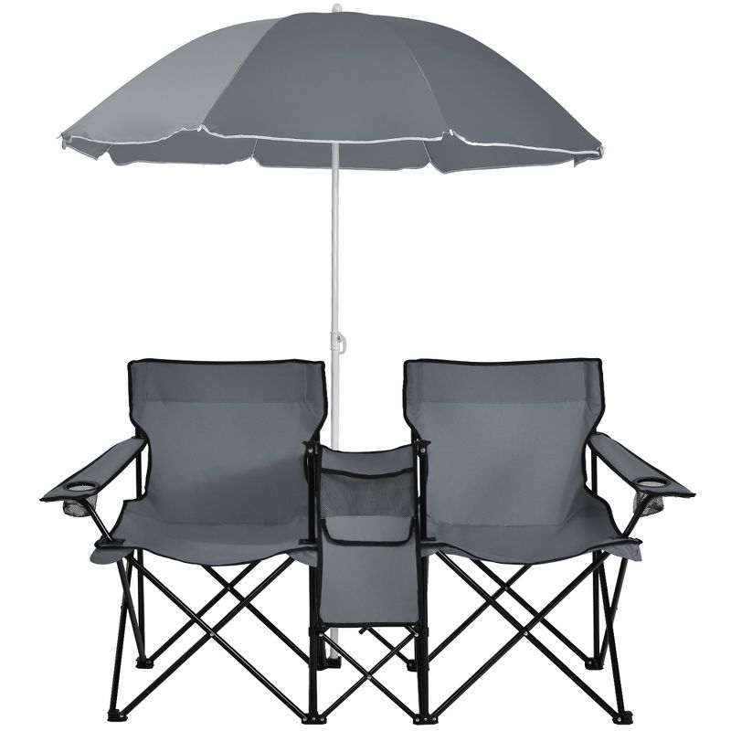 Portable Folding Picnic Double Chair W/Umbrella Table Cooler Beach Camping Turquoise\Black\Red\Gray, 1 of 11