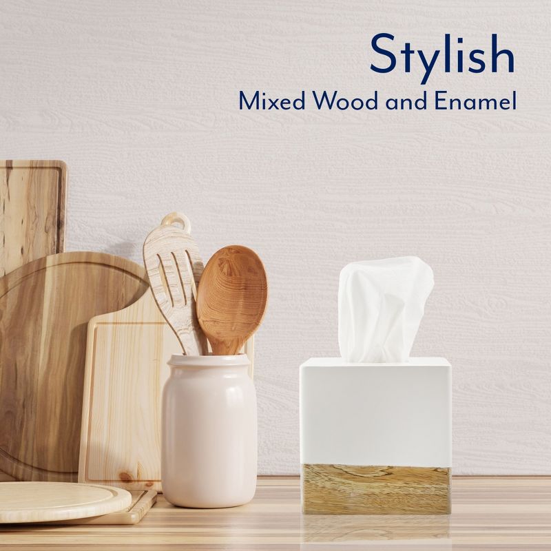 AuldHome Design Tissue Box Cover (Enamel/Mango Wood); Minimalist Scandinavian Decor White Tissue Holder, 5 of 9