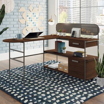 Executive Corner L-Shaped Desk in Umber Wood with Filing Cabinet