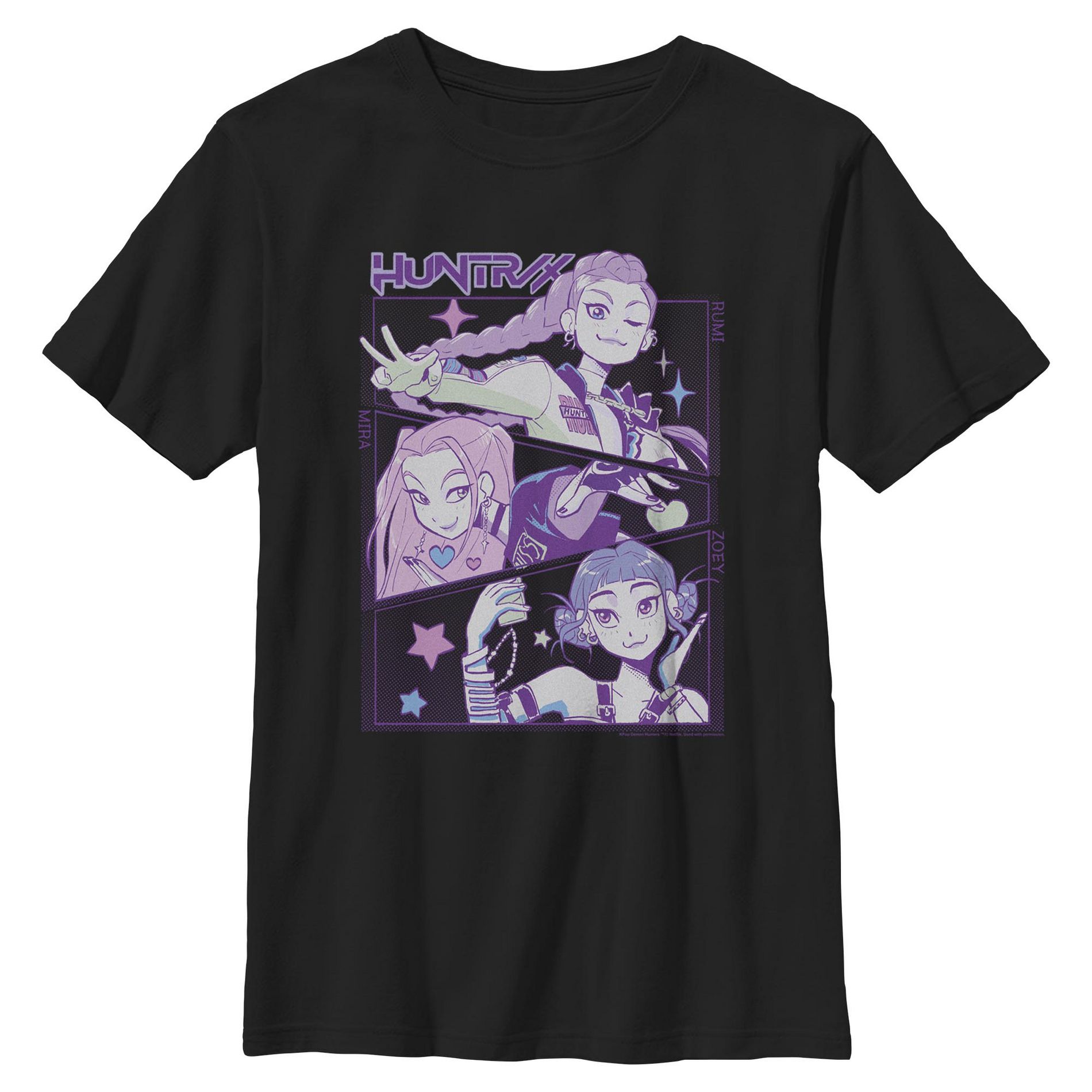 Boys KPop Demon Hunters Huntrix Group Panels T Shirt - Black - Large