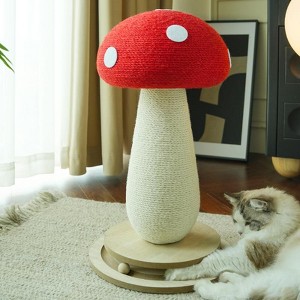 mushroom-shaped cat tree, cat scratching post with interactive ball track spring ball cat toy, equipped with a stable base and durable sisal rope - 1 of 4