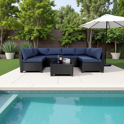 Nertpow Deluxe 7-Piece Outdoor Patio Furniture Set: Versatile Patio Set for Backyard, Lawn & Poolside Settings, Black Rattan Blue Cushion