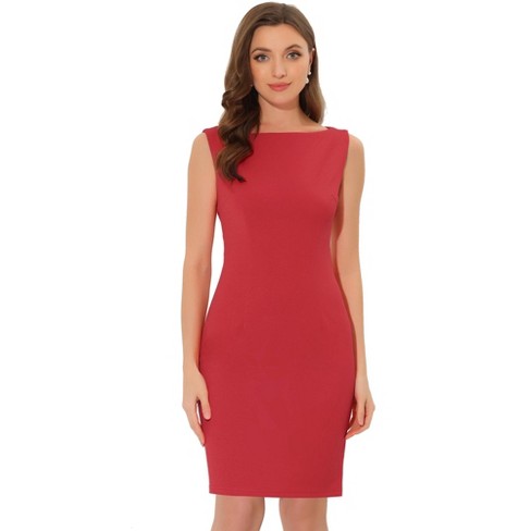 Calvin Klein Solid Sleeveless Sheath With Ruffle Collar Dress in Red