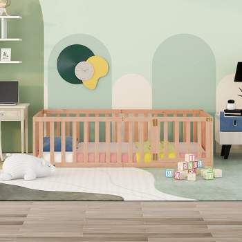 Twin Size Wood Floor Bed Frame With Full-Length Guardrail And Door, Versatile Open-Row Design Baby Play House, No Mattress