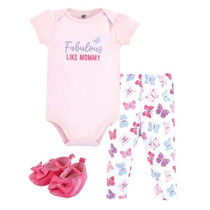 Hudson Baby Infant Girl Cotton Bodysuit, Pant and Shoe Set, Fabulous Butterfly - 1 of 4