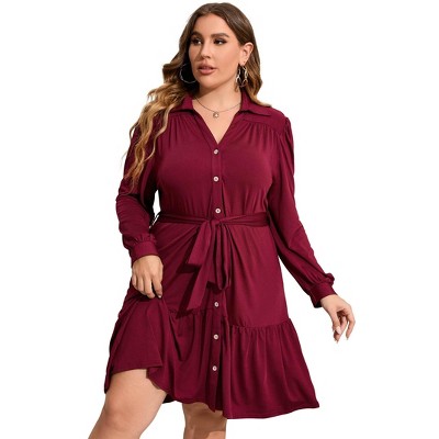 Clearlove Women's Plus Size Dresses Buttons Belted Long Sleeves Casual Midi Dress