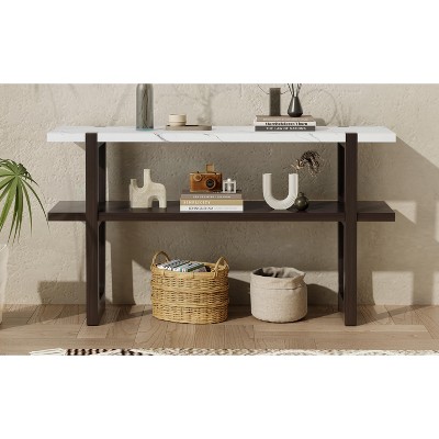 Wooakway Retro Console Table With 2-Tier Open Storage Shelf, Sofa Table, Narrow Entryway Table With Marble-Effect Top For Hallway, Living Room