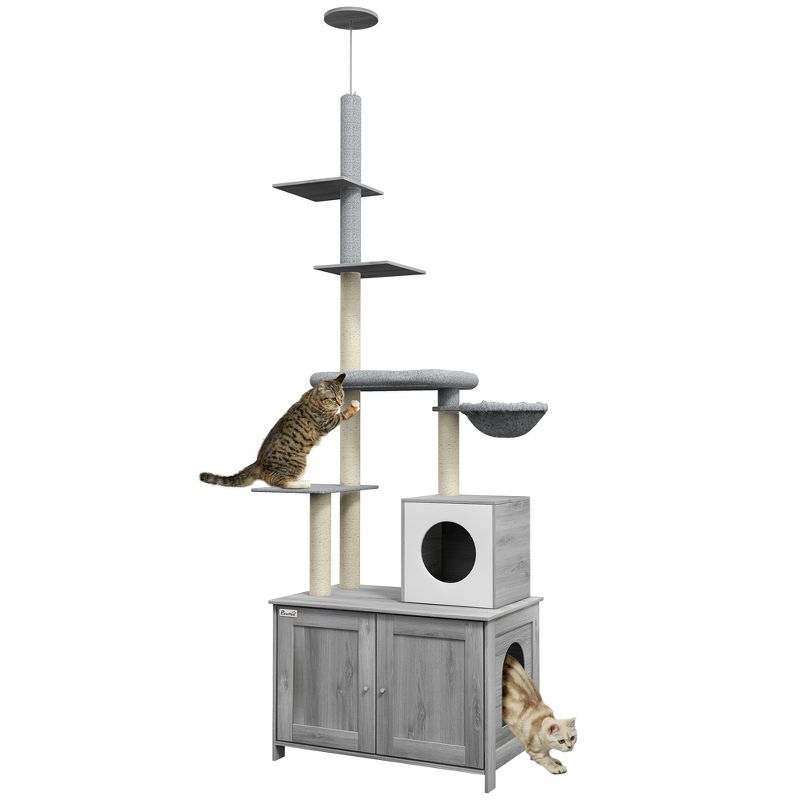 PawHut 2 in 1 Litter Box Enclosure with Floor to Ceiling Cat Tree, Condo, Bed, Hammock, Scratching Posts, and Platforms, Gray, 1 of 7