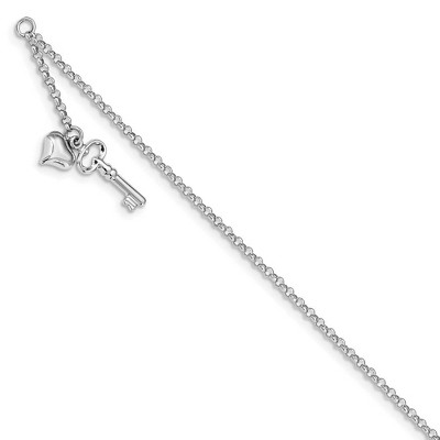 Black Bow Jewelry 14k White Gold Puffed Heart And Key Dangle Anklet, 10 Inch