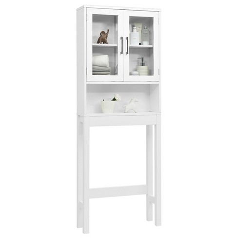 Over The Toilet Storage Cabinet with Double Tempered Glass Doors - Color: White