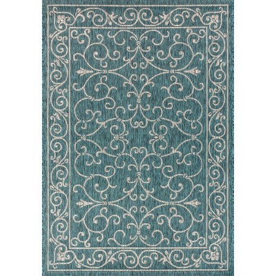 Teal & Gray Vintage Boho-Chic Filigree 9'x12' Indoor/Outdoor Rug