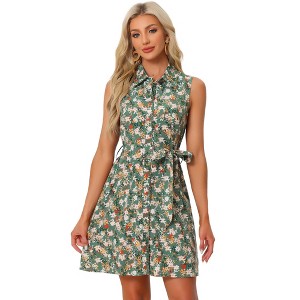 Allegra K Women's Sleeveless Turndown Collar Mini Button Down Floral Print Dress - 1 of 4