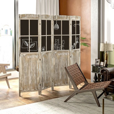 4 Panel Room Divider,5.6" Farmhouse Natural Folding Indoor Portable Wood Privacy Screen with Black Boards,Hinged Freestanding Partition Wall Dividers