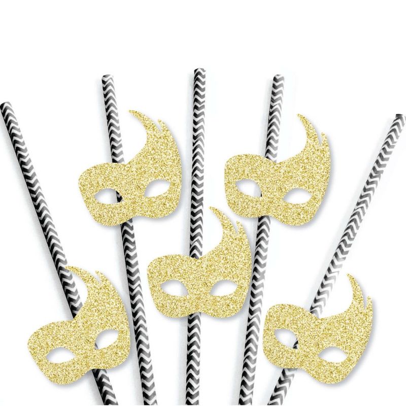 Big Dot of Happiness Gold Glitter Masks Party Straws - No-Mess Real Glitter Cut-Outs & Decorative Masquerade Mardi Gras Party Paper Straws - Set of 24, 3 of 8