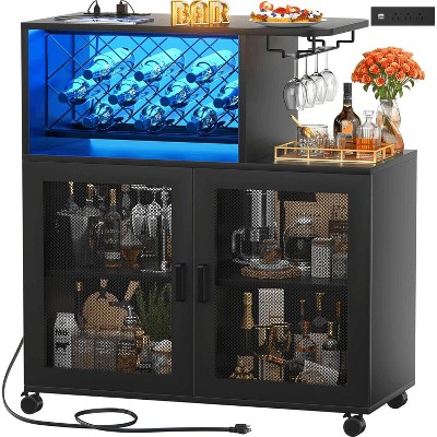 Aheaplus Wine Bar Cabinet with Wine Rack and Glasses Rack, Coffee Bar with Charging Station and Wheels