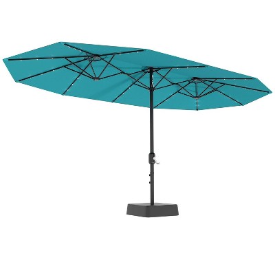 15 Ft Large Patio Umbrella with Solar Lights, Outdoor Double-Sided Rectangle Umbrella with Base, Outdoor Umbrella for Backyard, Pool, Patio
