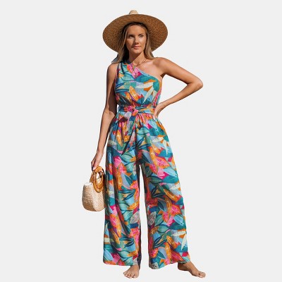 Women's Vibrant Tropical Floral Print One-Shoulder Jumpsuit - Cupshe