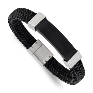 Black Bow Jewelry 13mm Two Tone Stainless Steel & Black Leather I.D. Bracelet, 8.5 Inch - 1 of 4