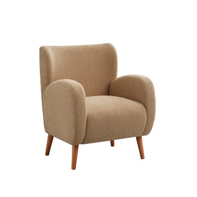 Camel Boucle Upholstered Barrel Accent Chair with Wood Legs