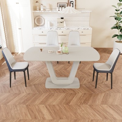 Vynxaria 5-Piece Expandable Dining Set-Rectangular Table (U-Legs, 2-8 Seats) ,4 PU Cushioned Chairs, MDF, Easy 10-15min Assembly