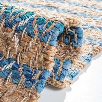 Handmade Blue Stripe Square Jute Area Rug 6'