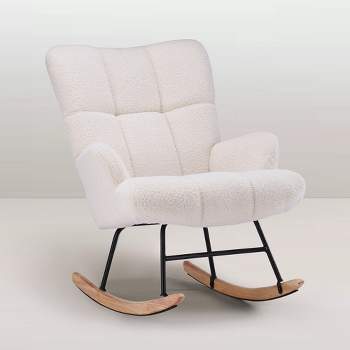 FERPIT Teddy Velvet Rocking Chair, Upholstered Accent Glider Rocker, Comfy Armchair Side Chair with High Backrest for Living Room, Bedroom