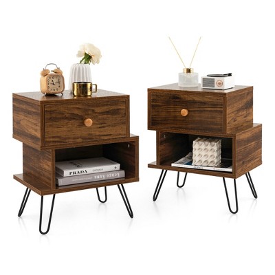 Tangkula Nightstands Set Of 2 W/storage Drawer Open Shelf Mid Century End  Tables Walnut : Target