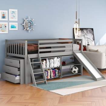 Low Twin Loft Bed With Bookcase, Separate Three Drawers, Pulling Ladder And Slide - ModernLuxe
