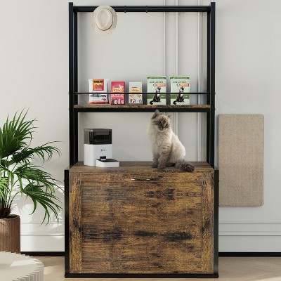 Akoasm 55 Inch Hidden Enclosure Furniture Cat Litter Box With Shelves And Airer-Brown