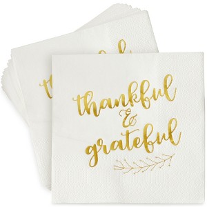 Blue Panda 50-Pack Thankful & Grateful in Gold Foil Thanksgiving Paper Cocktail Napkins Fall Party Supplies - 1 of 4