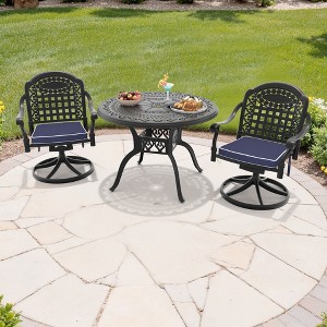 3-Piece Round Cast Aluminum Patio Set with Swivel Chairs,Brown Cushions,and Umbrella Hole - 1 of 4