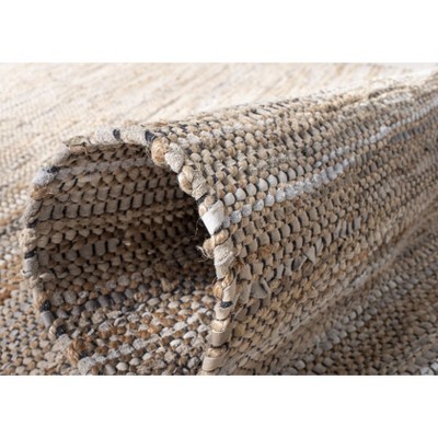 Beige Handwoven Leather and Cotton Area Rug with Fringe, 5' x 8'