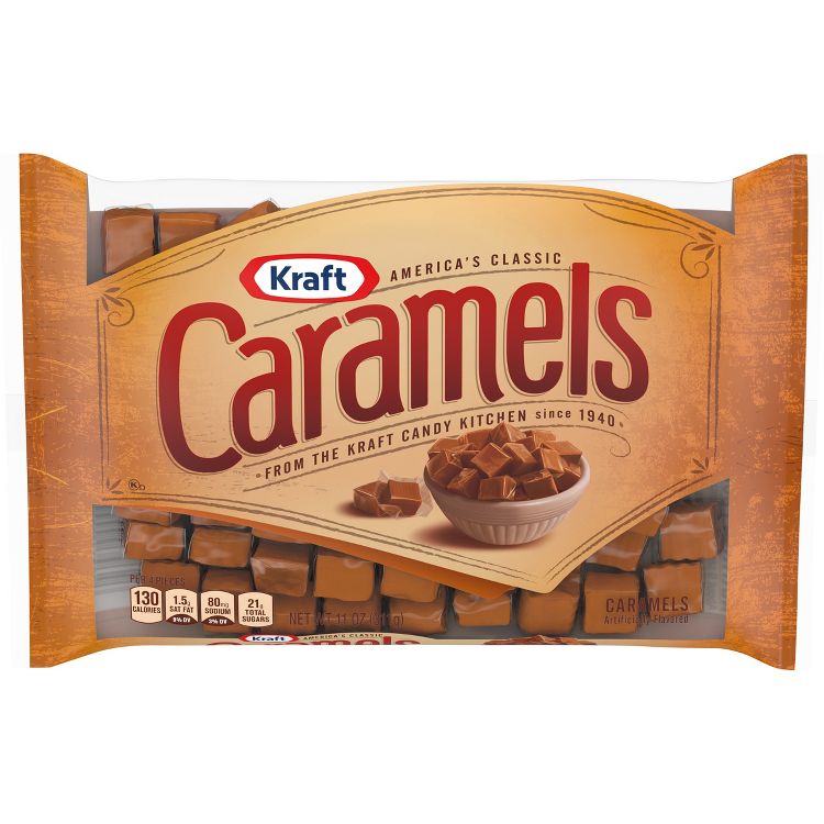 A package of Kraft Caramels with a bowl of caramel pieces pictured on the front and nutritional information showing 130 calories per 4 pieces.