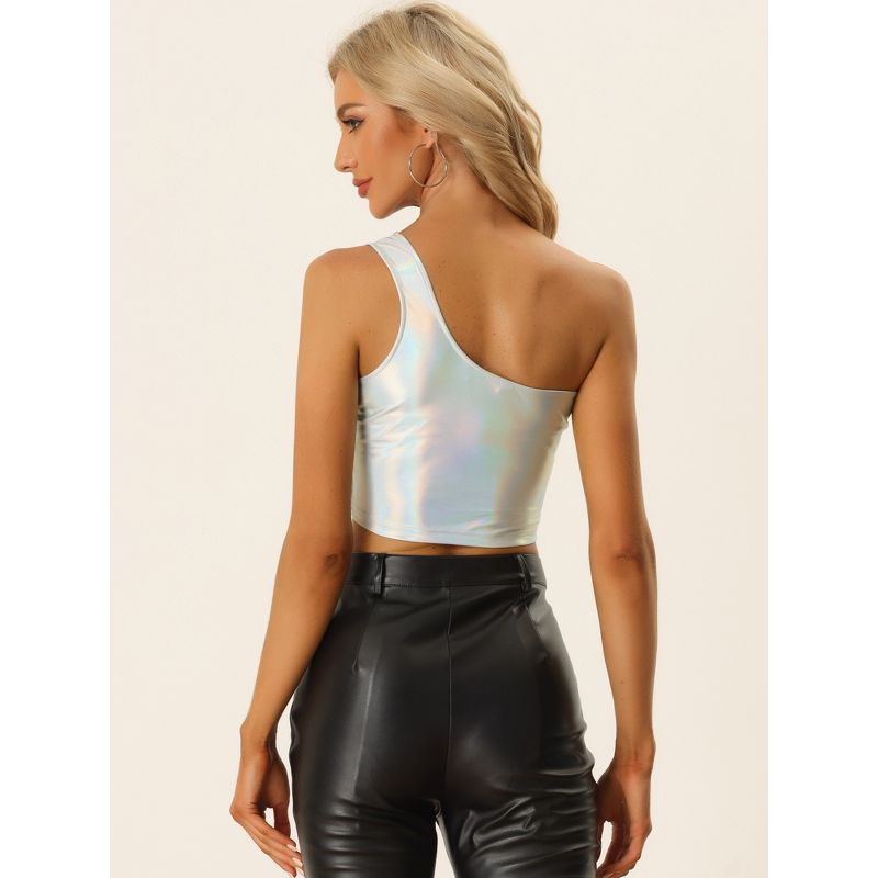 Allegra K Women's Metallic Cropped One-Shoulder Party Cropped Holographic Tank Tops, 4 of 7