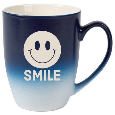 100 North Smiley Face 10 Ounce Navy Blue and White Two Toned Ombre, Comfortably Fits Your Hands, Ceramic Tea Coffee Cup Mug, Smile