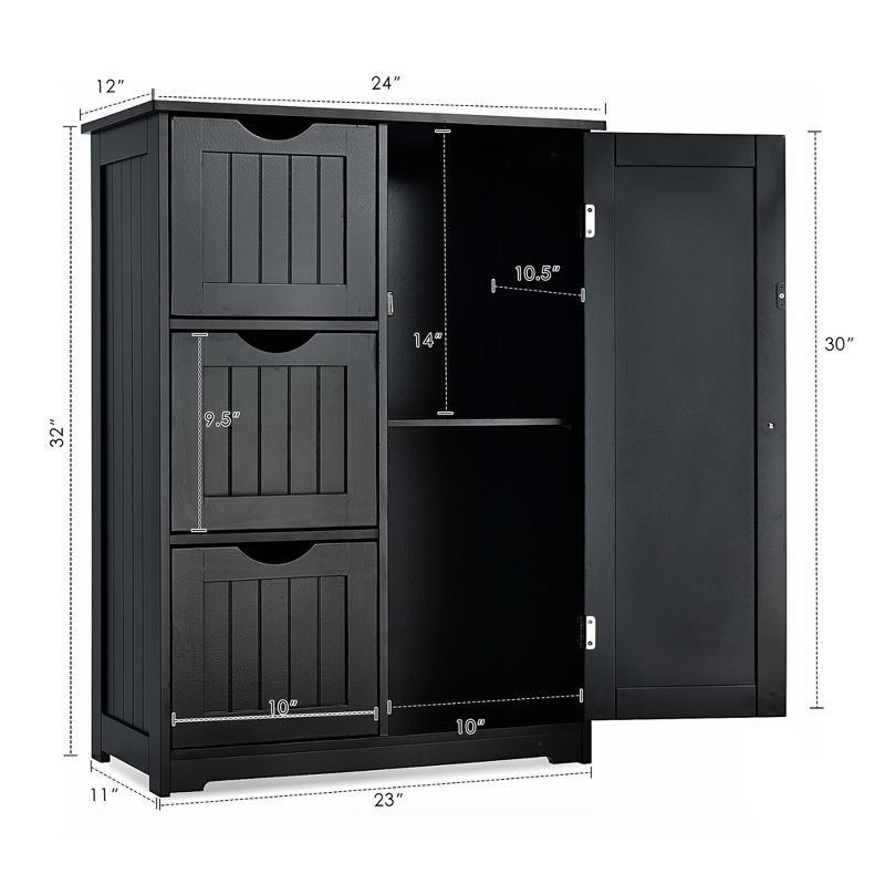 Costway Bathroom Floor Cabinet Side Storage Cabinet with 3 Drawers and 1 Cupboard Grey\ Black, 3 of 11