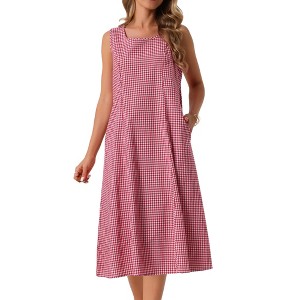 INSPIRE CHIC Women's Summer Plaid Sleeveless Square Neck Babydoll Casual with Pockets Midi Dress - 1 of 4